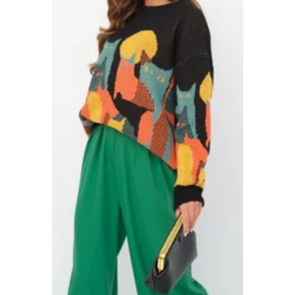 Women's NWT Black Orange Multi Cat Halloween Crew Neck Sweater Size Medium - Picture 9 of 9